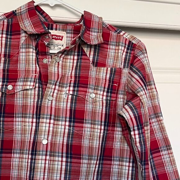 Levi's Pearl Snap Button Red Plaid Long Sleeve Western Cowboy Shirt Small 8-10 - Picture 4 of 11